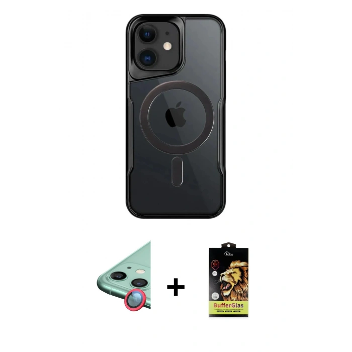 MARSİLYAN™- iPhone 11 Kılıf Yadigar Klasik Özel Seri - Siyah Buffer Cam Ekran Koruyucu + Raze Metal Kamera Lens - KI