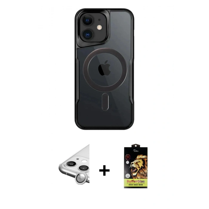 MARSİLYAN™- iPhone 11 Kılıf Yadigar Klasik Özel Seri - Siyah Buffer Cam Ekran Koruyucu + Raze Metal Kamera Lens - GS