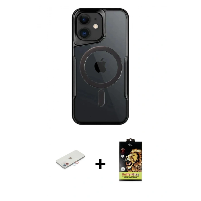 MARSİLYAN™- iPhone 11 Kılıf Yadigar Klasik Özel Seri - Siyah Buffer Cam Ekran Koruyucu + Renkli Kamera Lens Koruma Cam - PE