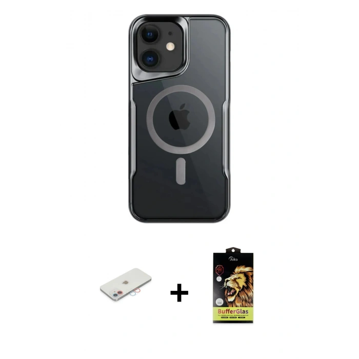 MARSİLYAN™- iPhone 11 Kılıf Yadigar Klasik Özel Seri - Siyah Buffer Cam Ekran Koruyucu + Renkli Kamera Lens Koruma Cam - PE
