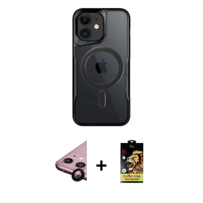 MARSİLYAN™- iPhone 11 Kılıf Yadigar Klasik Özel Seri - Siyah Buffer Cam Ekran Koruyucu + Raze Metal Kamera Lens - SH