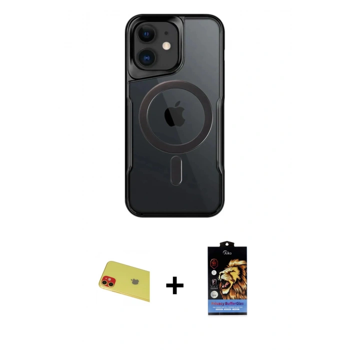 MARSİLYAN™- iPhone 11 Kılıf Yadigar Klasik Özel Seri - Siyah Buffer Hayalet Cam Ekran Koruyucu + Rainbow Kamera Lens Koruma Cam - KI