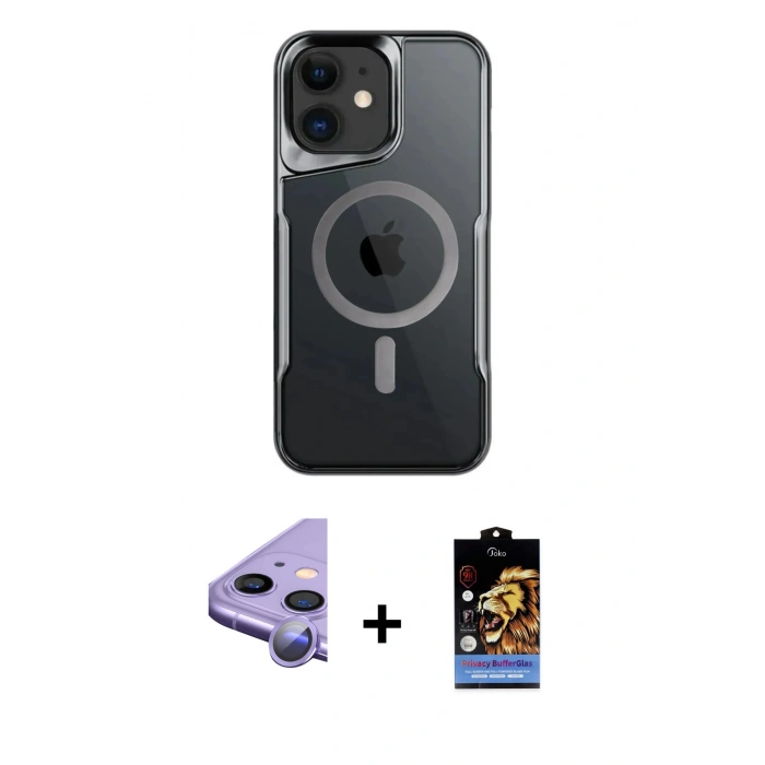 MARSİLYAN™- iPhone 11 Kılıf Yadigar Klasik Özel Seri - Siyah Buffer Hayalet Cam Ekran Koruyucu + Mor Raze Metal Kamera Lens