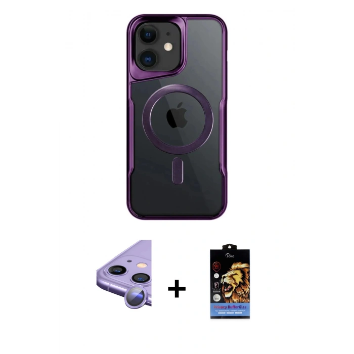 MARSİLYAN™- iPhone 11 Kılıf Yadigar Klasik Özel Seri - Siyah Buffer Hayalet Cam Ekran Koruyucu + Mor Raze Metal Kamera Lens