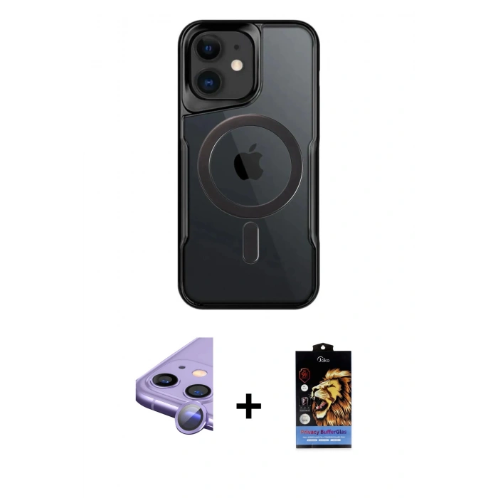 MARSİLYAN™- iPhone 11 Kılıf Yadigar Klasik Özel Seri - Siyah Buffer Hayalet Cam Ekran Koruyucu + Mor Raze Metal Kamera Lens
