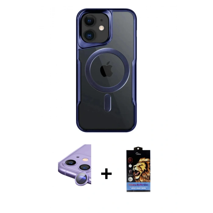 MARSİLYAN™- iPhone 11 Kılıf Yadigar Klasik Özel Seri - Siyah Buffer Hayalet Cam Ekran Koruyucu + Mor Raze Metal Kamera Lens