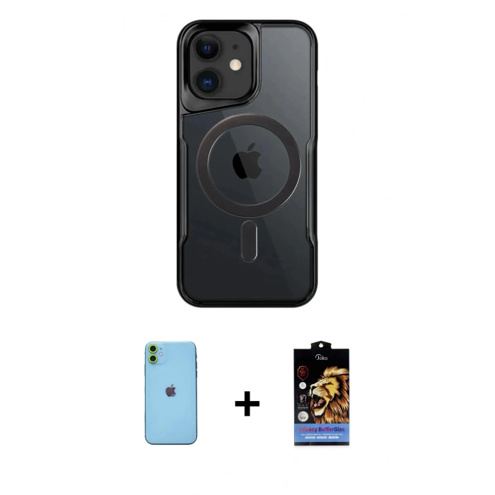 MARSİLYAN™- iPhone 11 Kılıf Yadigar Klasik Özel Seri - Siyah Buffer Hayalet Cam Ekran Koruyucu + Neon Fosforlu Kamera Lens - YL