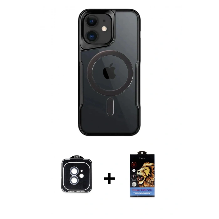 MARSİLYAN™- iPhone 11 Kılıf Yadigar Klasik Özel Seri - Siyah Buffer Hayalet Cam Ekran Koruyucu + PVD Metal Kamera Lens - MI