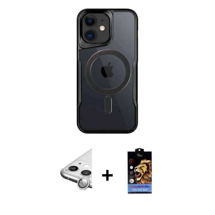 MARSİLYAN™- iPhone 11 Kılıf Yadigar Klasik Özel Seri - Siyah Buffer Hayalet Cam Ekran Koruyucu + Raze Metal Kamera Lens - GS