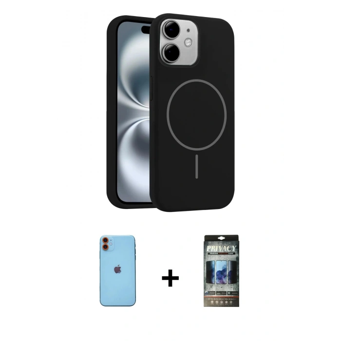 MARSİLYAN™- iPhone 11 Kılıf Yankı Form Serisi - Siyah 34D Hayalet Izgaralı Cam + Neon Fosforlu Kamera Lens - TU