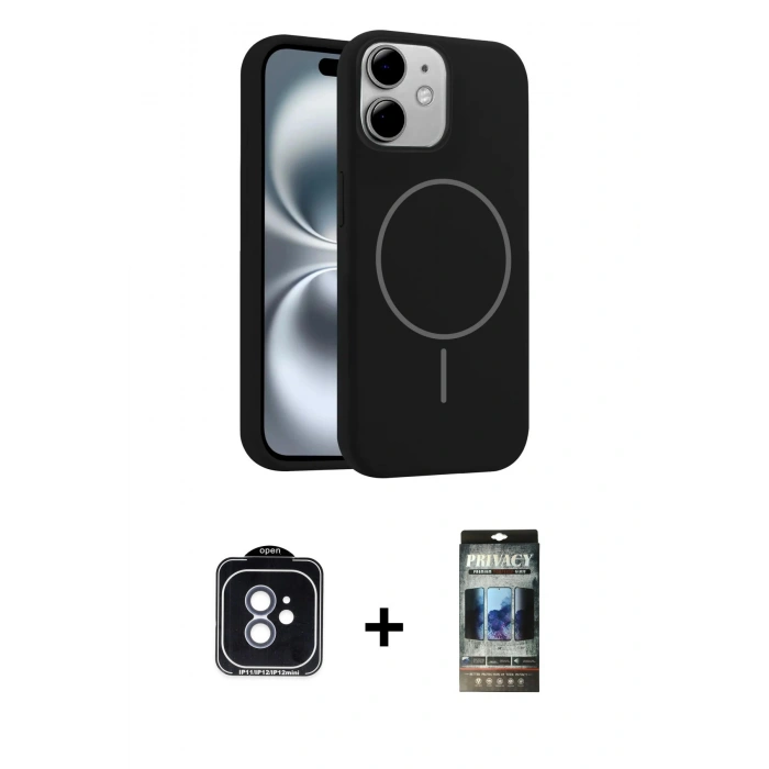 MARSİLYAN™- iPhone 11 Kılıf Yankı Form Serisi - Siyah 34D Hayalet Izgaralı Cam + PVD Metal Kamera Lens - MI