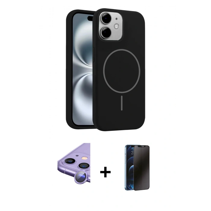 MARSİLYAN™- iPhone 11 Kılıf Yankı Form Serisi - Siyah 3D Antistatik Hayalet Cam Ekran Koruyucu + Raze Metal Kamera Lens - MR