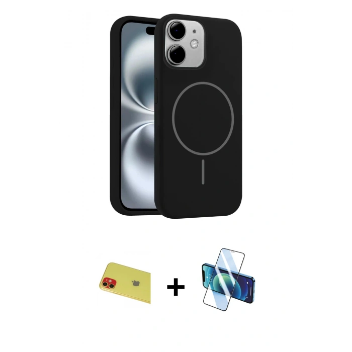 MARSİLYAN™- iPhone 11 Kılıf Yankı Form Serisi - Siyah 3D Antistatik Seramik Nano Ekran Koruyucu + Rainbow Kamera Lens Koruma Cam - KI