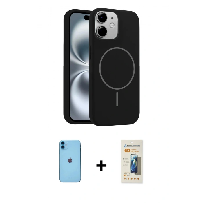 MARSİLYAN™- iPhone 11 Kılıf Yankı Form Serisi - Siyah 6D Mat Seramik Hayalet Nano Ekran Koruyucu + Neon Fosforlu Kamera Lens - MI