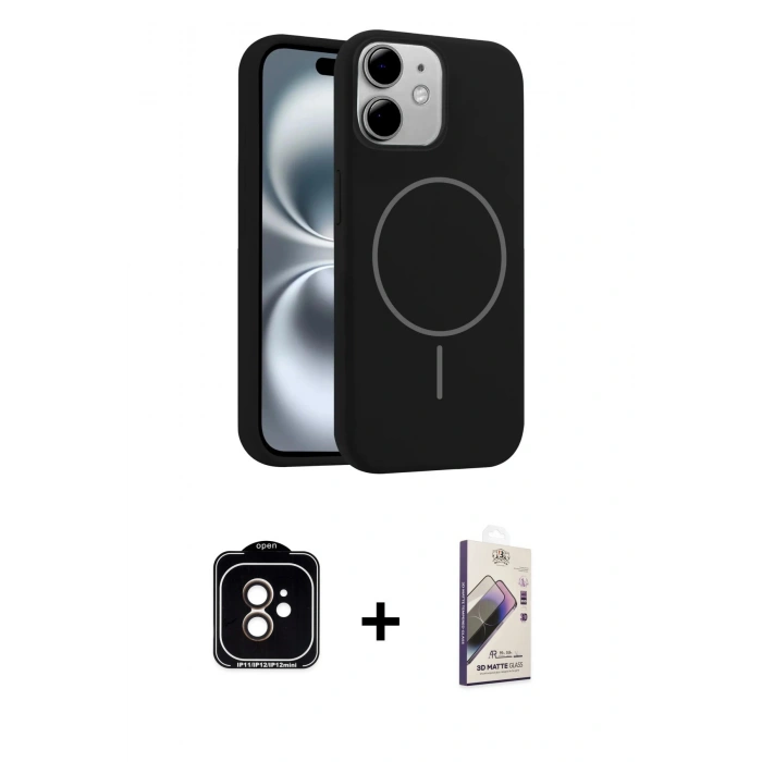 MARSİLYAN™- iPhone 11 Kılıf Yankı Form Serisi - Siyah Bilvis 3D Mat Cam Ekran Koruyucu + PVD Metal Kamera Lens - TU