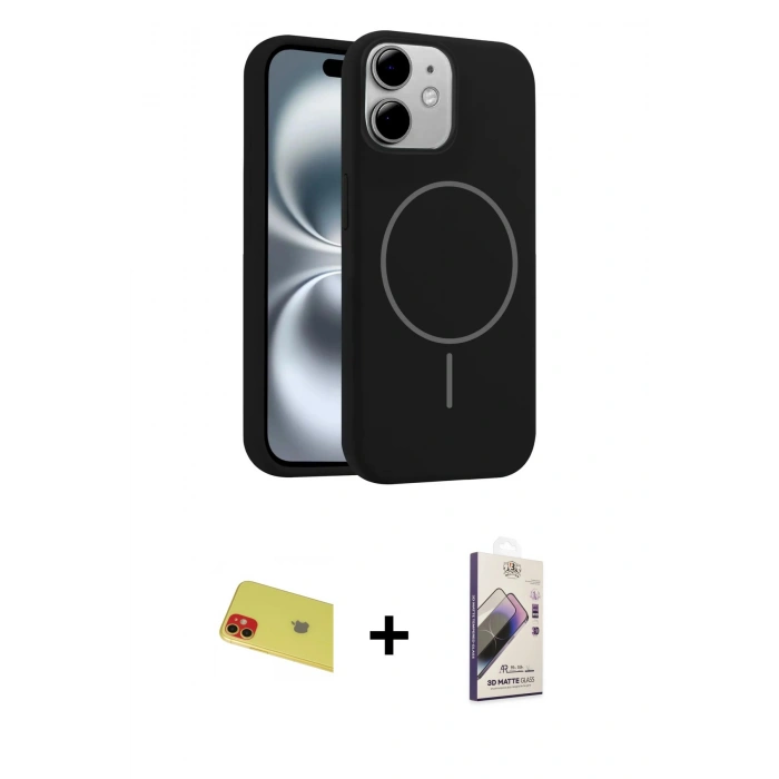 MARSİLYAN™- iPhone 11 Kılıf Yankı Form Serisi - Siyah Bilvis 3D Mat Cam Ekran Koruyucu + Rainbow Kamera Lens Koruma Cam - KI
