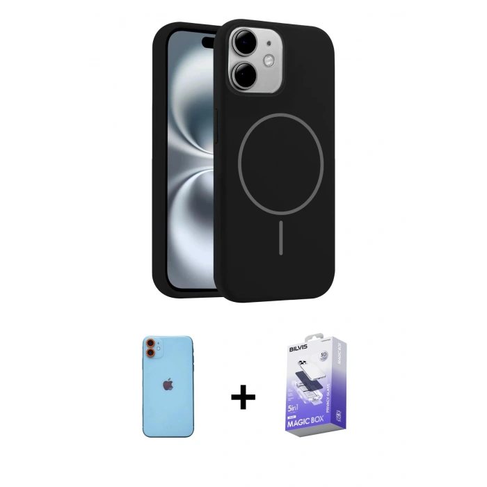 MARSİLYAN™- iPhone 11 Kılıf Yankı Form Serisi - Siyah Bilvis 5in1 5D Magic Hayalet Cam Ekran Koruyucu + Neon Fosforlu Kamera Lens - TU