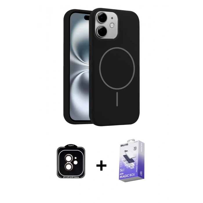 MARSİLYAN™- iPhone 11 Kılıf Yankı Form Serisi - Siyah Bilvis 5in1 5D Magic Hayalet Cam Ekran Koruyucu + PVD Metal Kamera Lens - TU