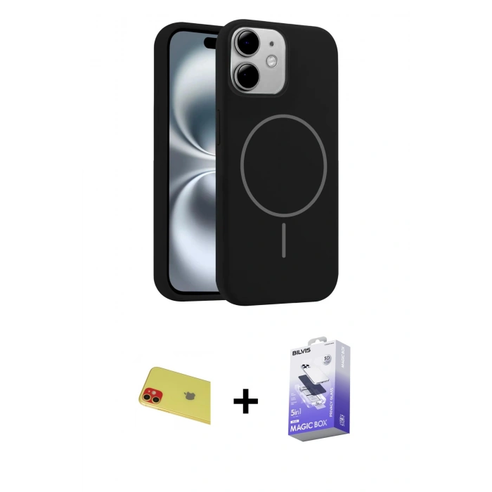 MARSİLYAN™- iPhone 11 Kılıf Yankı Form Serisi - Siyah Bilvis 5in1 5D Magic Hayalet Cam Ekran Koruyucu + Rainbow Kamera Lens Koruma Cam - KI