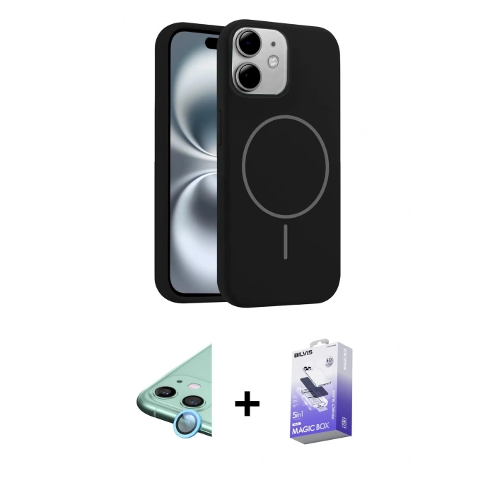 MARSİLYAN™- iPhone 11 Kılıf Yankı Form Serisi - Siyah Bilvis 5in1 5D Magic Hayalet Cam Ekran Koruyucu + Raze Metal Kamera Lens - MI