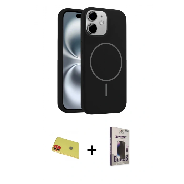MARSİLYAN™- iPhone 11 Kılıf Yankı Form Serisi - Siyah Bilvis Hayalet Cam Ekran Koruyucu + Rainbow Kamera Lens Koruma Cam - KI