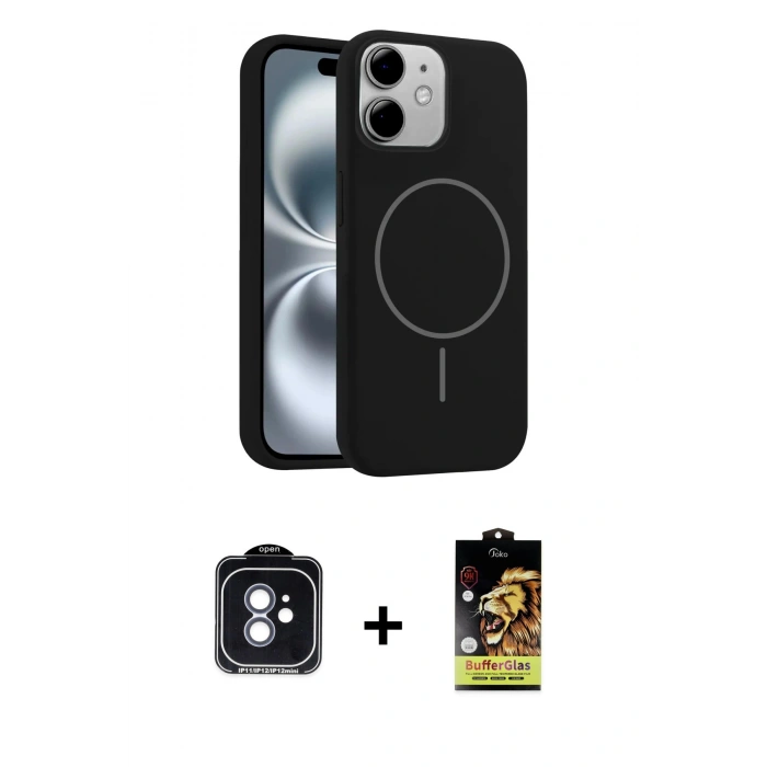 MARSİLYAN™- iPhone 11 Kılıf Yankı Form Serisi - Siyah Buffer Cam Ekran Koruyucu + PVD Metal Kamera Lens - MI