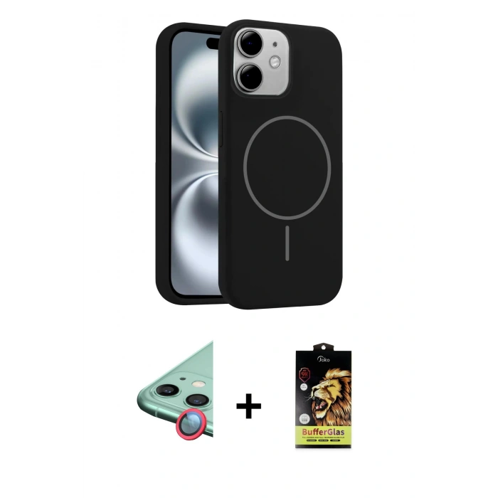 MARSİLYAN™- iPhone 11 Kılıf Yankı Form Serisi - Siyah Buffer Cam Ekran Koruyucu + Raze Metal Kamera Lens - KI