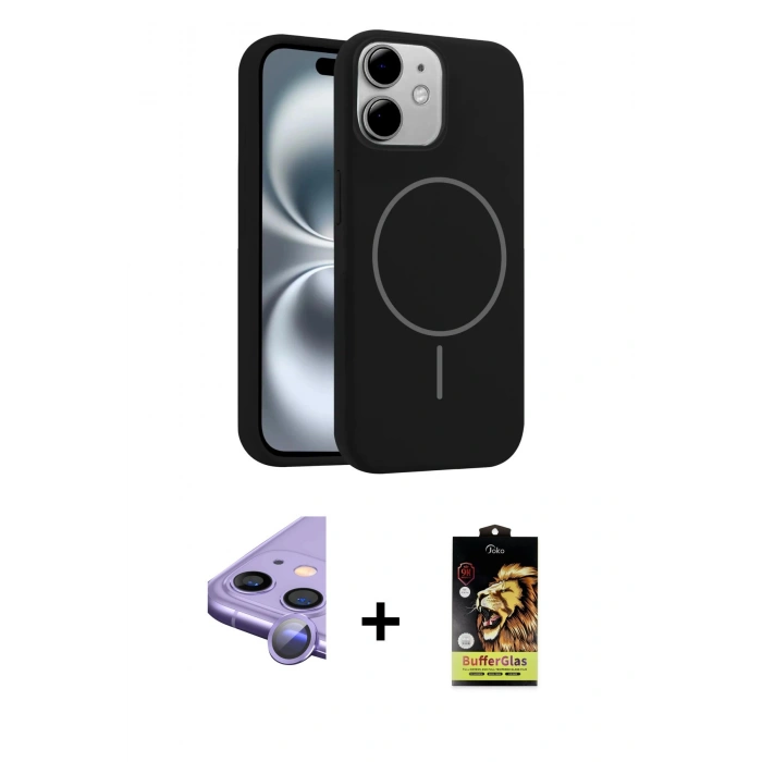 MARSİLYAN™- iPhone 11 Kılıf Yankı Form Serisi - Siyah Buffer Cam Ekran Koruyucu + Raze Metal Kamera Lens - MR