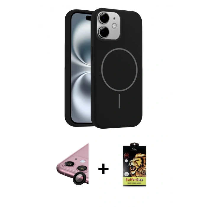 MARSİLYAN™- iPhone 11 Kılıf Yankı Form Serisi - Siyah Buffer Cam Ekran Koruyucu + Raze Metal Kamera Lens - SH