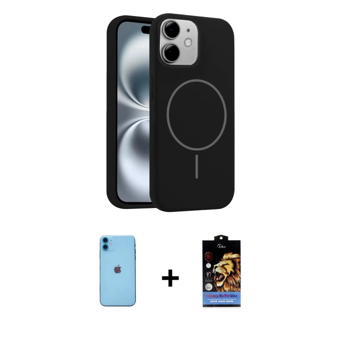 MARSİLYAN™- iPhone 11 Kılıf Yankı Form Serisi - Siyah Buffer Hayalet Cam Ekran Koruyucu + Neon Fosforlu Kamera Lens - MI