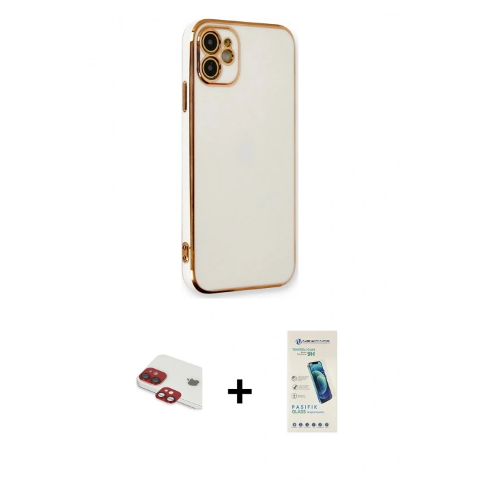 MARSİLYAN™- iPhone 11 Kılıf Yankı Serisi - Şeffaf Pasifik Cam Ekran Koruyucu + Pers Alüminyum Kamera Lens - KI
