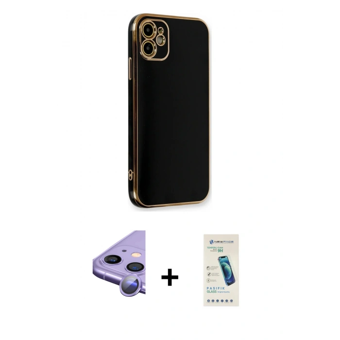 MARSİLYAN™- iPhone 11 Kılıf Yankı Serisi - Şeffaf Pasifik Cam Ekran Koruyucu + Raze Metal Kamera Lens - MR
