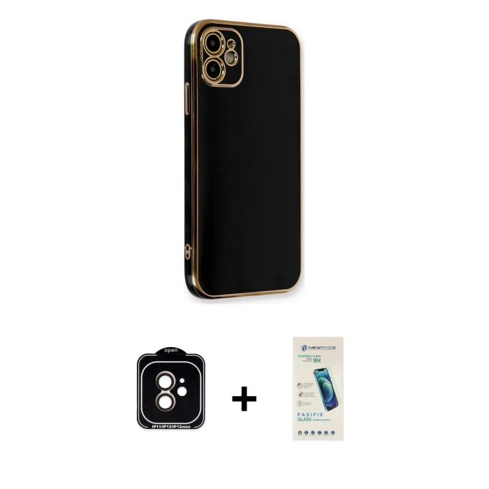 MARSİLYAN™- iPhone 11 Kılıf Yankı Serisi - Şeffaf Pasifik Cam Ekran Koruyucu + PVD Metal Kamera Lens - TU