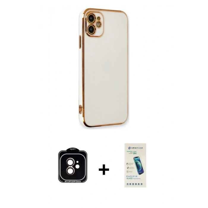 MARSİLYAN™- iPhone 11 Kılıf Yankı Serisi - Şeffaf Pasifik Cam Ekran Koruyucu + PVD Metal Kamera Lens - TU