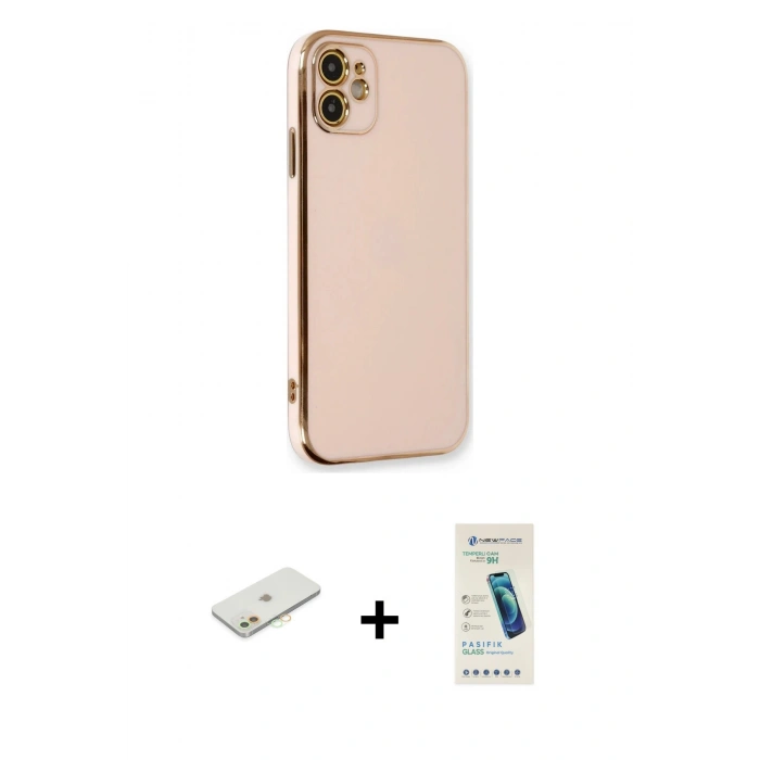 MARSİLYAN™- iPhone 11 Kılıf Yankı Serisi - Şeffaf Pasifik Cam Ekran Koruyucu + Renkli Kamera Lens Koruma Cam - TU