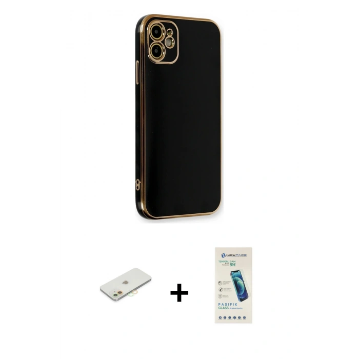 MARSİLYAN™- iPhone 11 Kılıf Yankı Serisi - Şeffaf Pasifik Cam Ekran Koruyucu + Renkli Kamera Lens Koruma Cam - TU