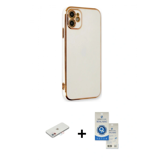 MARSİLYAN™- iPhone 11 Kılıf Yankı Serisi - Şeffaf Royal Nano Ekran Koruyucu + Renkli Kamera Lens Koruma Cam - PE