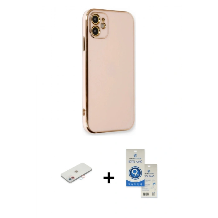 MARSİLYAN™- iPhone 11 Kılıf Yankı Serisi - Şeffaf Royal Nano Ekran Koruyucu + Renkli Kamera Lens Koruma Cam - PE