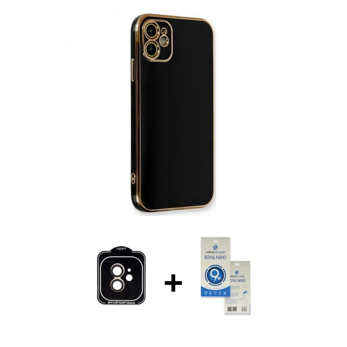 MARSİLYAN™- iPhone 11 Kılıf Yankı Serisi - Şeffaf Royal Nano Ekran Koruyucu + PVD Metal Kamera Lens - TU