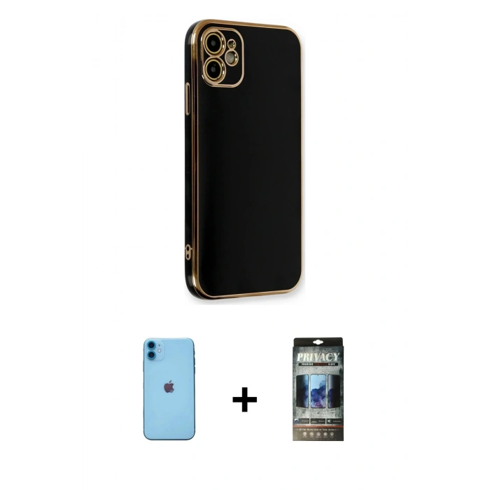 MARSİLYAN™- iPhone 11 Kılıf Yankı Serisi - Siyah 34D Hayalet Izgaralı Cam + Neon Fosforlu Kamera Lens - MI