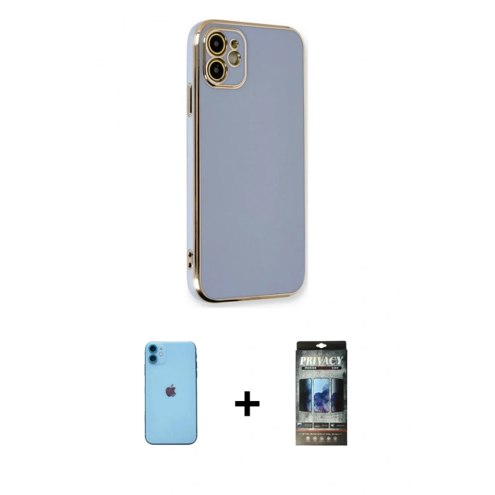 MARSİLYAN™- iPhone 11 Kılıf Yankı Serisi - Siyah 34D Hayalet Izgaralı Cam + Neon Fosforlu Kamera Lens - MI