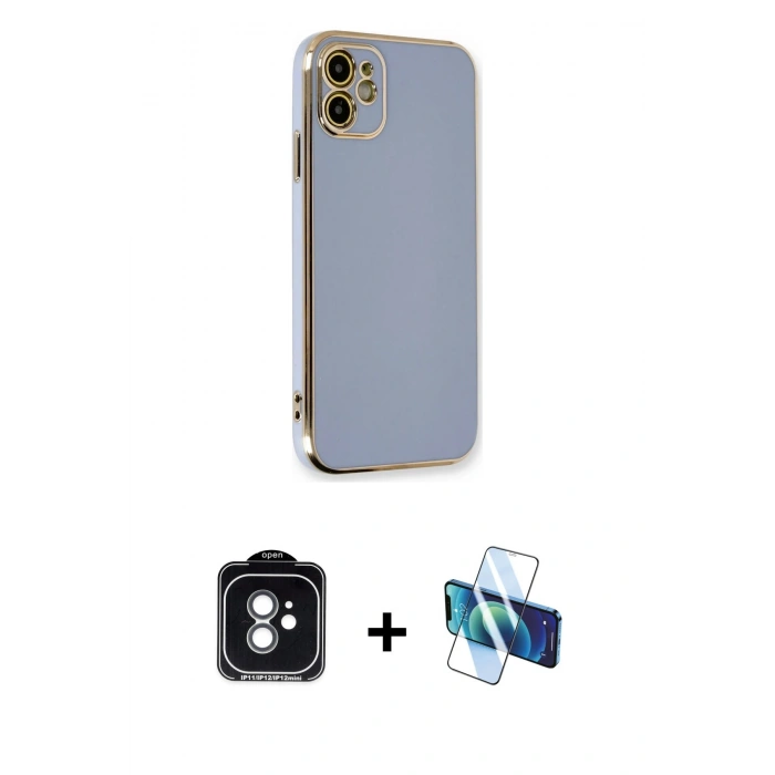 MARSİLYAN™- iPhone 11 Kılıf Yankı Serisi - Siyah 3D Antistatik Cam Ekran Koruyucu + PVD Metal Kamera Lens - YL