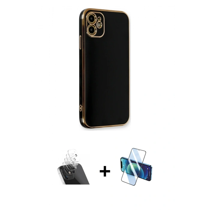MARSİLYAN™- iPhone 11 Kılıf Yankı Serisi - Siyah 3D Antistatik Cam Ekran Koruyucu + Kamera Lens Koruma Cam - SF
