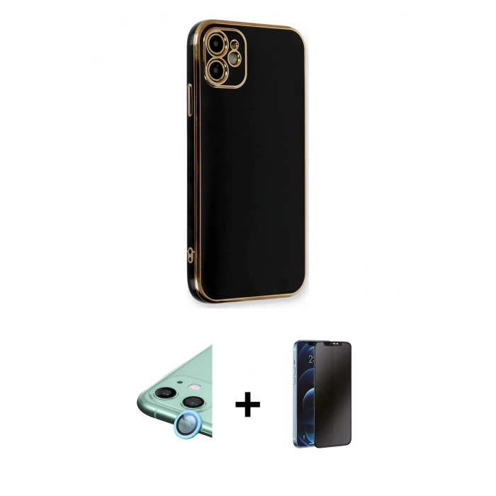 MARSİLYAN™- iPhone 11 Kılıf Yankı Serisi - Siyah 3D Antistatik Hayalet Cam Ekran Koruyucu + Raze Metal Kamera Lens - MI