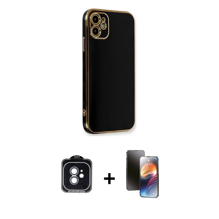 MARSİLYAN™- iPhone 11 Kılıf Yankı Serisi - Siyah 3D Antistatik Mat Seramik Nano Ekran Koruyucu + PVD Metal Kamera Lens - MI