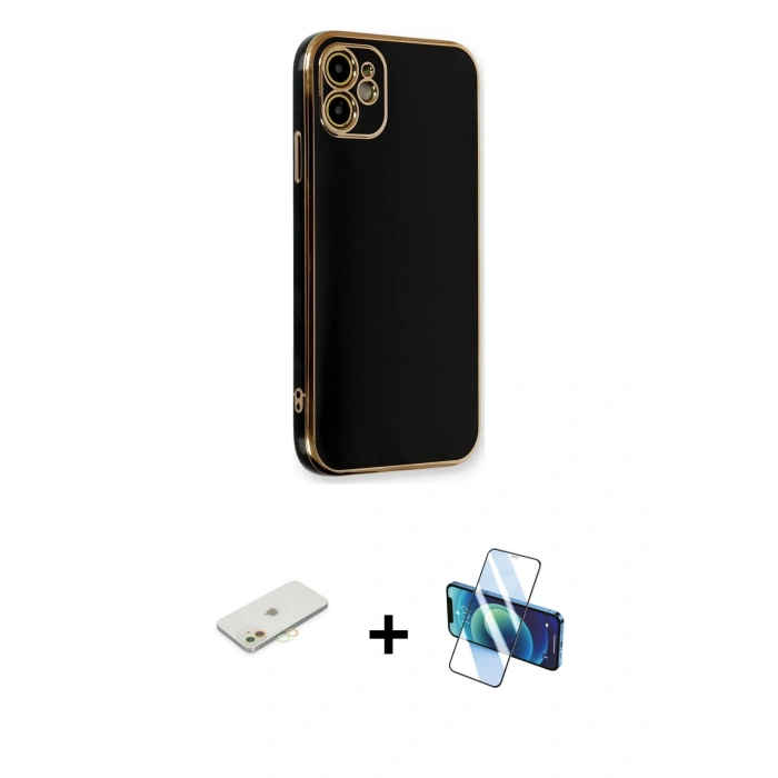 MARSİLYAN™- iPhone 11 Kılıf Yankı Serisi - Siyah 3D Antistatik Seramik Nano Ekran Koruyucu + Renkli Kamera Lens Koruma Cam - TU