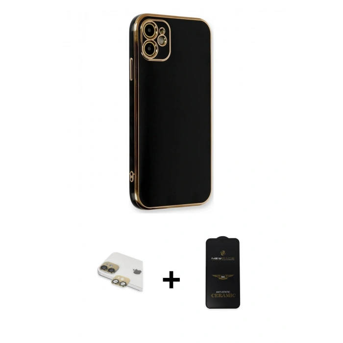 MARSİLYAN™- iPhone 11 Kılıf Yankı Serisi - Siyah 6D Antistatik Mat Seramik Hayalet Nano Ekran Koruyucu + Pers Alüminyum Kamera Lens - GD