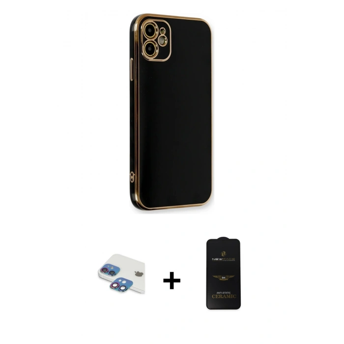 MARSİLYAN™- iPhone 11 Kılıf Yankı Serisi - Siyah 6D Antistatik Mat Seramik Hayalet Nano Ekran Koruyucu + Pers Alüminyum Kamera Lens - GI