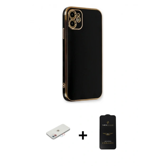 MARSİLYAN™- iPhone 11 Kılıf Yankı Serisi - Siyah 6D Antistatik Mat Seramik Hayalet Nano Ekran Koruyucu + Renkli Kamera Lens Koruma Cam - PE