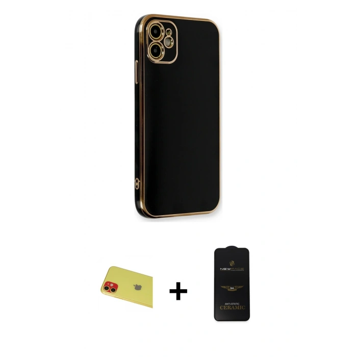 MARSİLYAN™- iPhone 11 Kılıf Yankı Serisi - Siyah 6D Antistatik Mat Seramik Hayalet Nano Ekran Koruyucu + Rainbow Kamera Lens Koruma Cam - KI